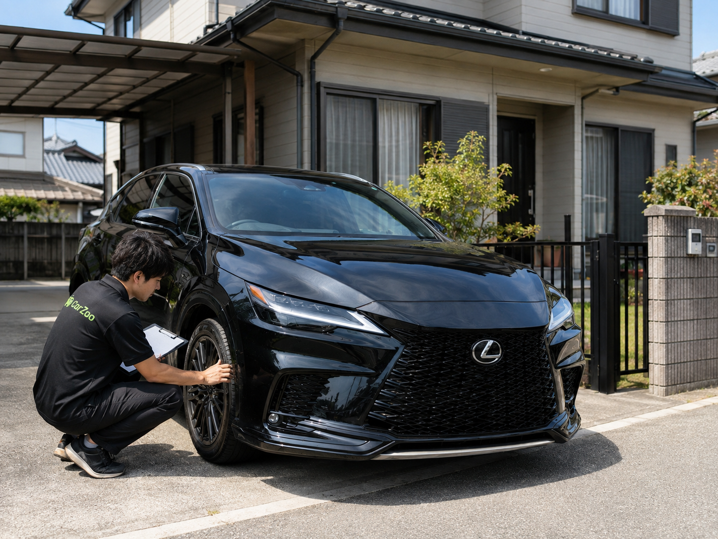 お客様宅で黒い車を査定するCarZooスタッフのイメージ