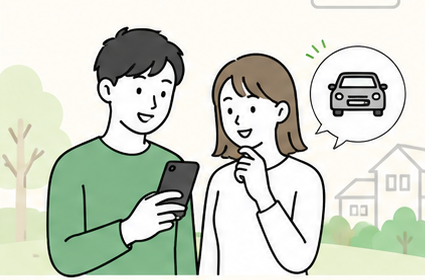 スマホでカーセンサーの在庫情報を確認するお客様のイラスト(承認済み参考画像より切り出し)